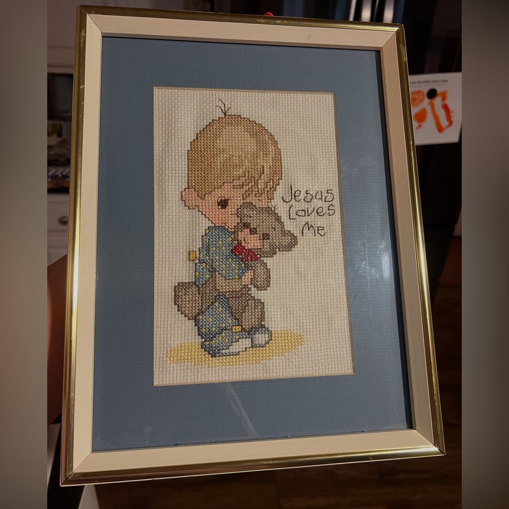 Framed Cross-Stitch Art with Boy and Teddy Bear